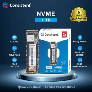 Consistent 1 TB NVMe PCIe 2280, 3D NAND with SLC Cache, Up to Read Speed 2400MB/s,& Write Speed 3400MB/s 5 Years Warranty.