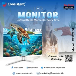 Consistent LED Monitor 21.5" inch (54.6 cm) (2200) Wide Display 1920 x 1080 Pixels Full HD HDMI, Framless (White) 3 Years Warranty.