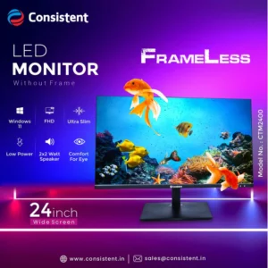 Consistent 2400 23.8" inch (60.5 cm) Wide Display 1920 x 1080 Pixels Full HD Ultra-Slim Frameless Monitor- HDMI, Inbuilt Speakers (BLACK) 3 Years Warranty.