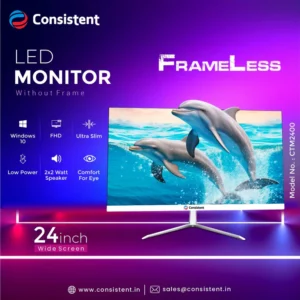 Consistent 2400 23.8" inch (60.5 cm) Wide Display 1920 x 1080 Pixels Full HD Ultra-Slim Frameless Monitor- HDMI, Inbuilt Speakers (White) 3 Years Warranty.