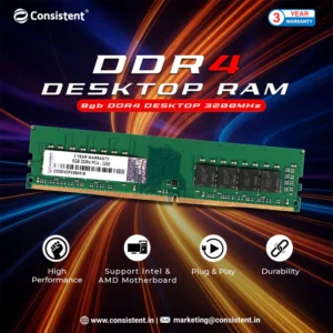 Consistent 8GB DDR4 RAM 3200Mhz Desktop, Plug-and-Play No Additional Drivers Required with 3 Year Warranty Ram for desktop DDR4-compatible motherboards.