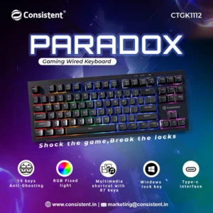 Consistent PARADOX Gaming Wired & Mac Support Keyboard, USB Plug-and-Play, Keystrokes, Rainbow Breath Light, 1.5 Cable Length.