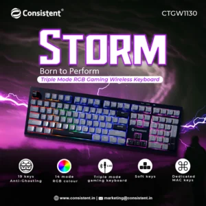 Consistent STORM Gaming Triple Mode Wireless RGB & MAC Support Keyboard for Windows, USB Plug-and-Play, Keystrokes, RGB lighting, Stylish Slim Design, 19 keys Anit-Ghosting.