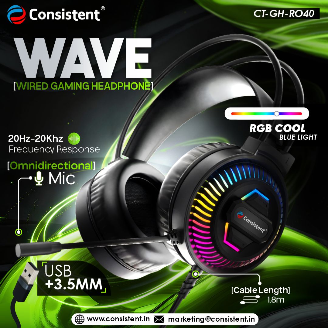 Consistent Wave Wired Gaming Headphone with RGB Lighting, Omnidirectional Mic, USB + 1.8m Cable | CT-GH-RO40